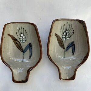 Pair Of Vintage Spoon Rest Earthenware Scoop Stoneware Floral Wheat Design Lot 2